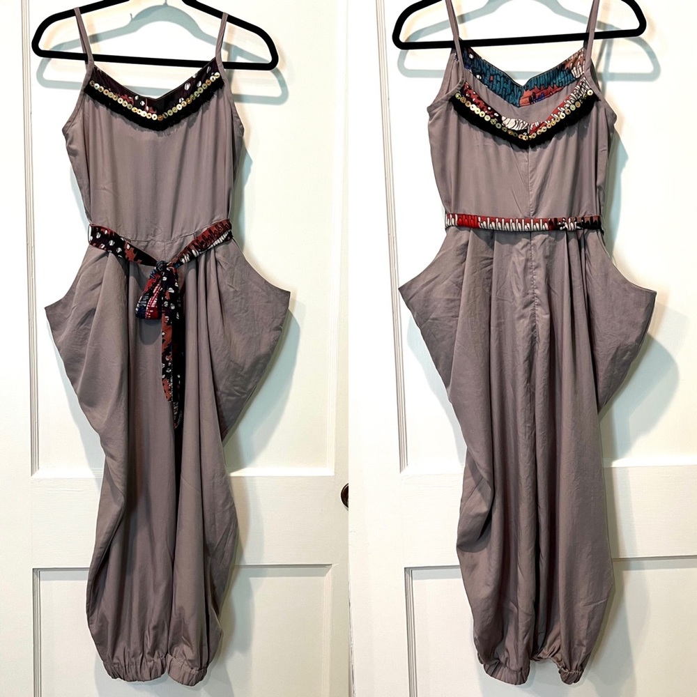 NWOT Gray Capri Romper Tribal Sequin Fringe Design from Thailand Size 8